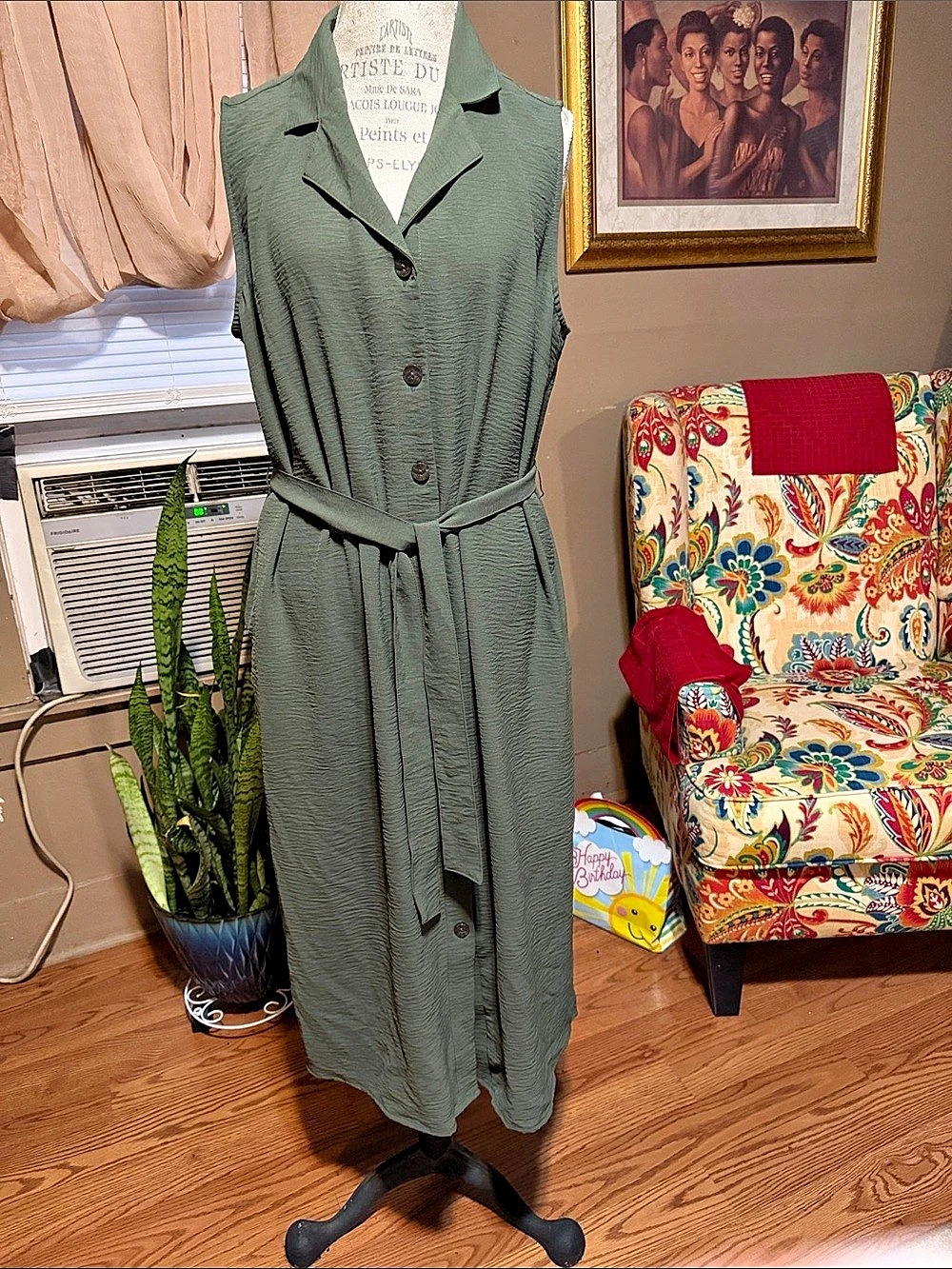 Time and Tru Women's Sleeveless Cotton Belted Midi Shirtdress Green XL